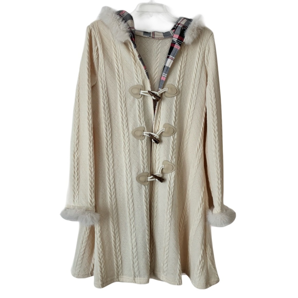 Gorgeous Knit look Sweater/Jacket w/ Fur Trim, Sz. L, Beige, Flannel Lined Hood